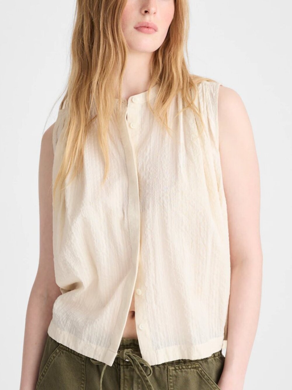 Madewell Shirred Cotton Seersucker Sleeveless Button Up Blouse Cream Size M NWT